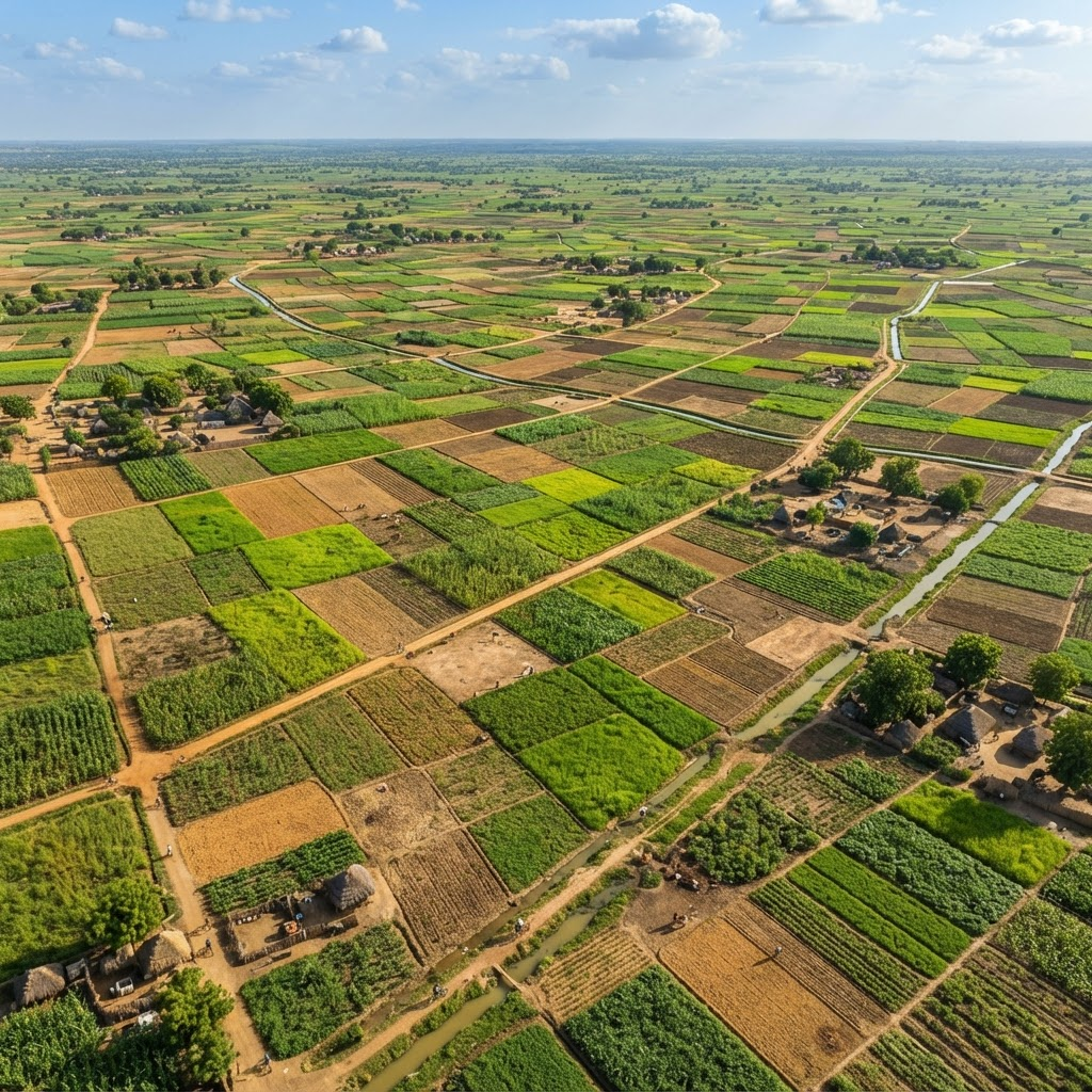 Aerial view of a patchwork of cultivated farm plots in Nigeria