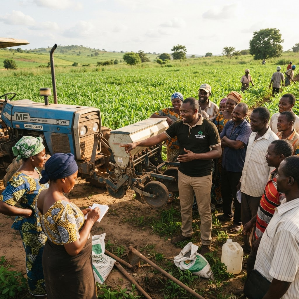 Nigerian farmers in a hands-on mechanized farming training session beside a tractor