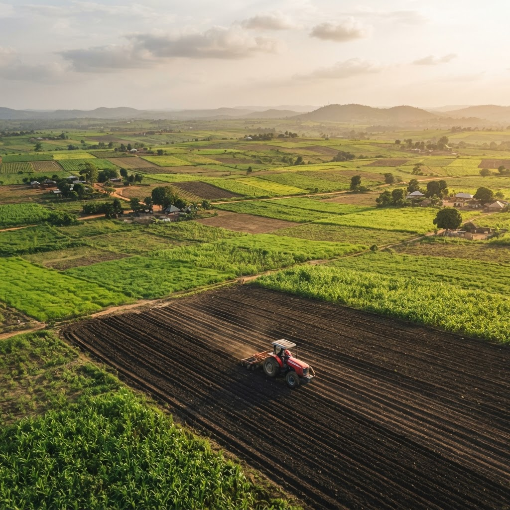 Aerial view of cultivated Nigerian farmland with a red tractor plowing rows of soil at golden hour