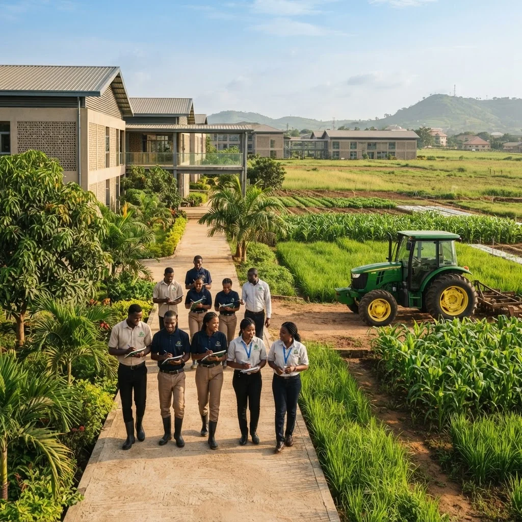 Black Nigerian students and instructors at a modern agricultural college with demonstration fields and farm machinery