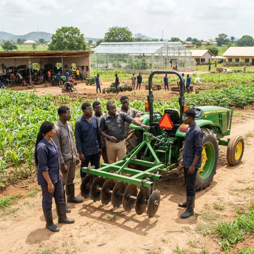 Black Nigerian agricultural students receiving practical tractor and farm machinery training from a Black instructor