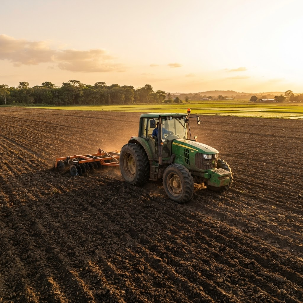 Green tractor pulling a disc harrow across freshly tilled dark soil on a large rice farm at golden hour