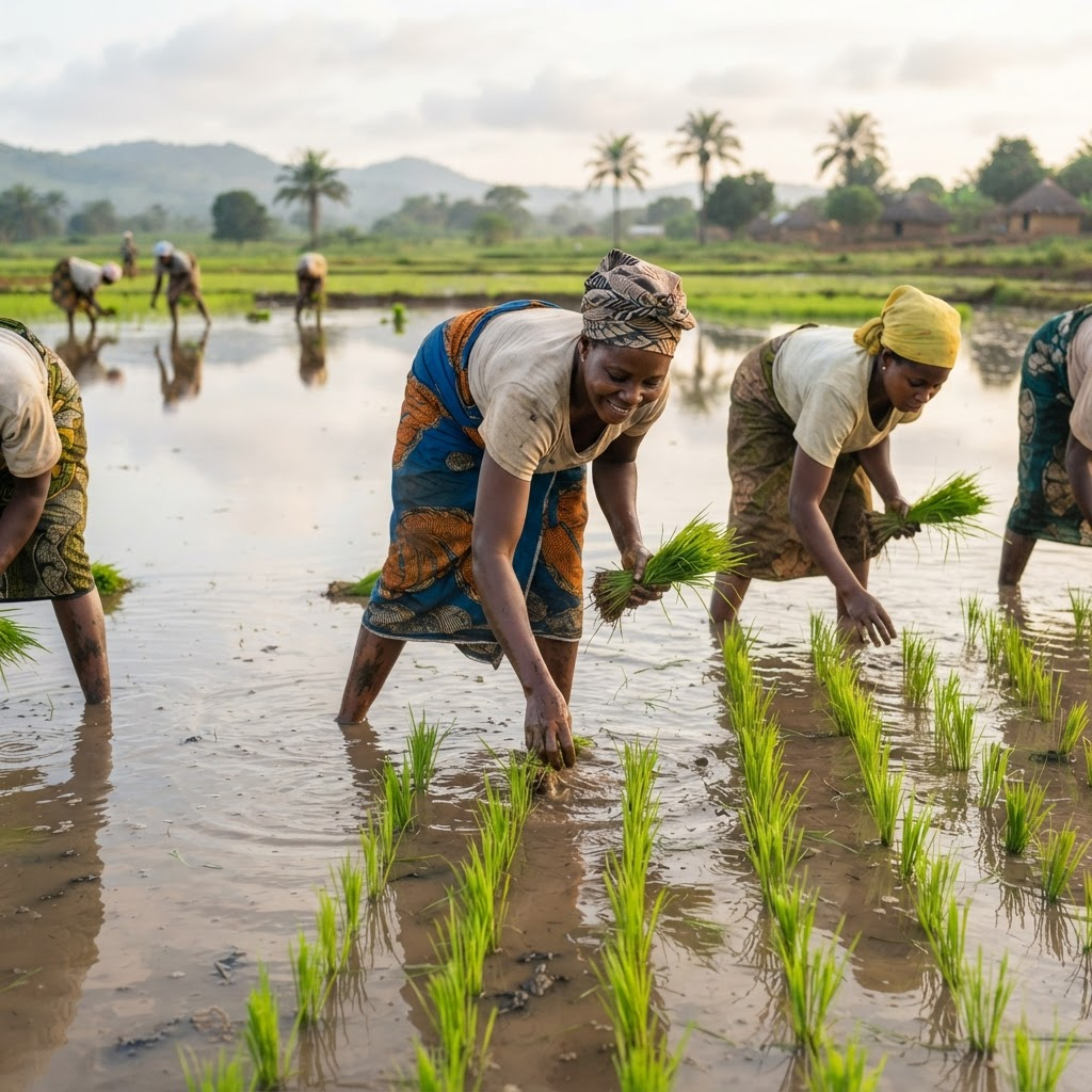 Farm workers transplanting bright green rice seedlings in neat rows across a flooded paddy field