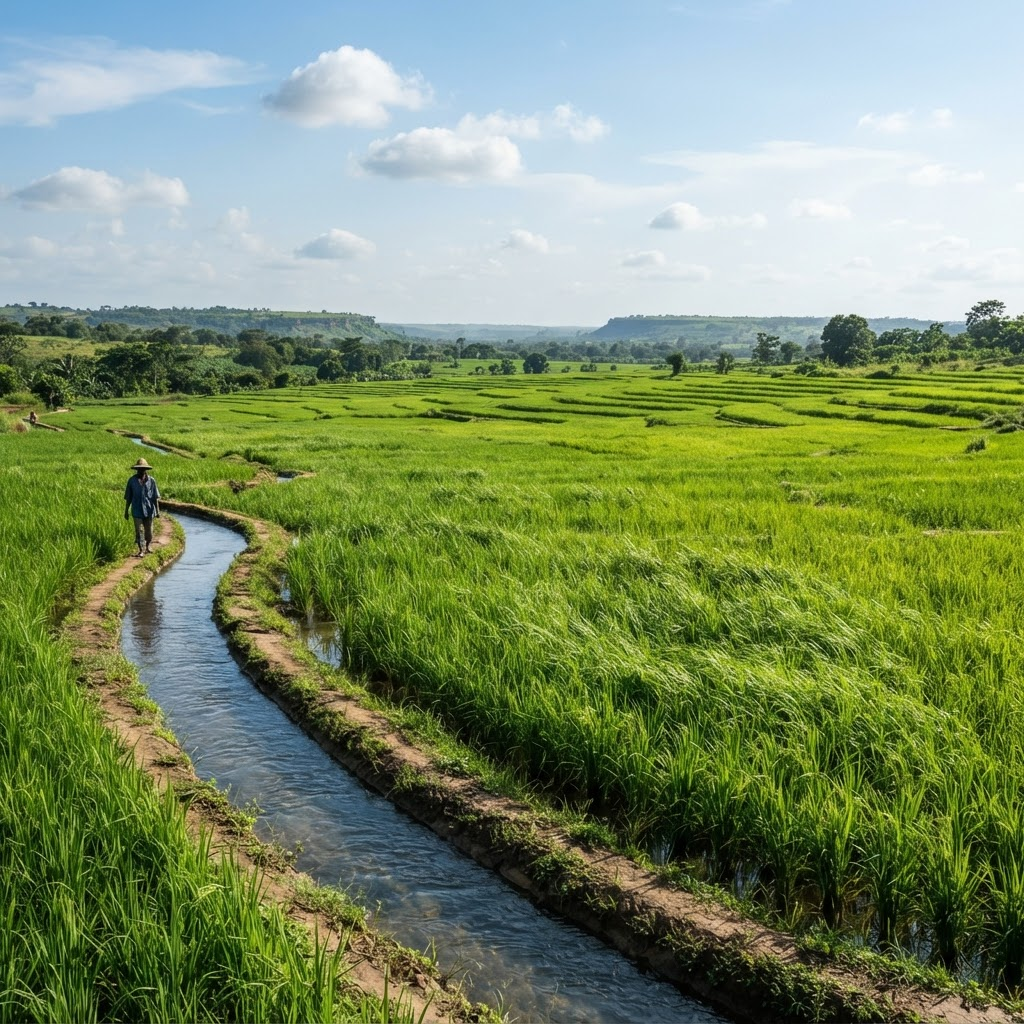 Lush green rice paddy fields stretching to the horizon under a bright blue sky with an irrigation channel