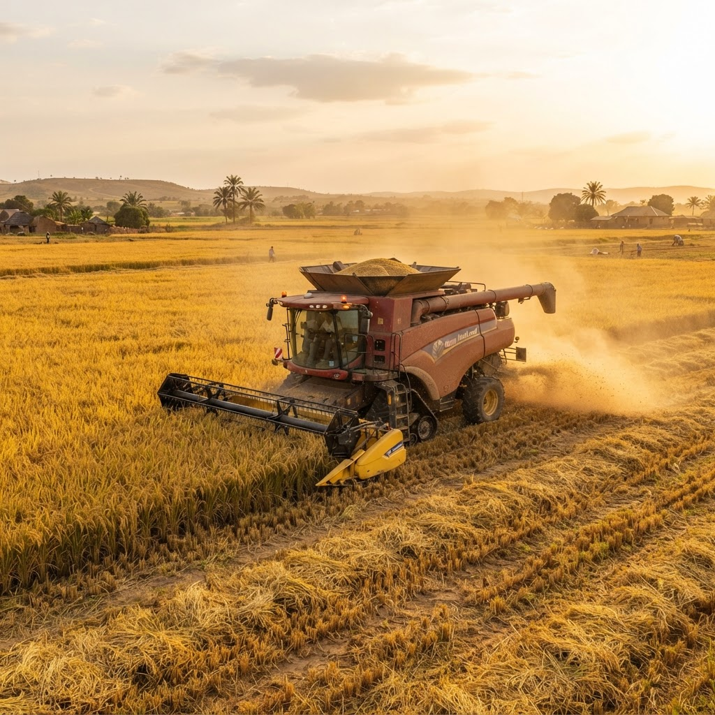 Modern combine harvester cutting golden ripe rice in a vast field at warm late afternoon light