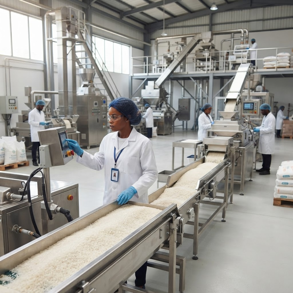 Black African woman technician and her team operating a modern stainless-steel rice processing line in Nigeria