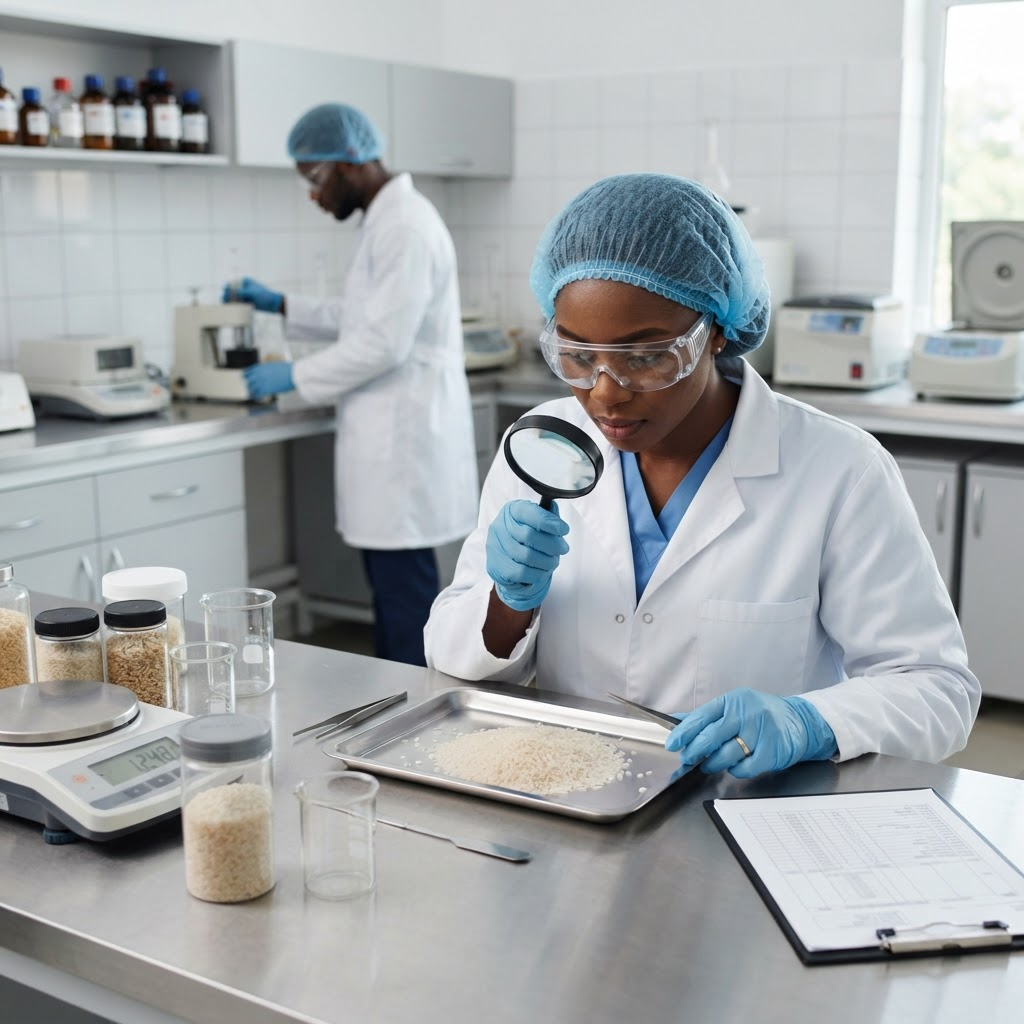 Black African woman food scientist inspecting rice grains while a Black colleague conducts tests in a modern laboratory