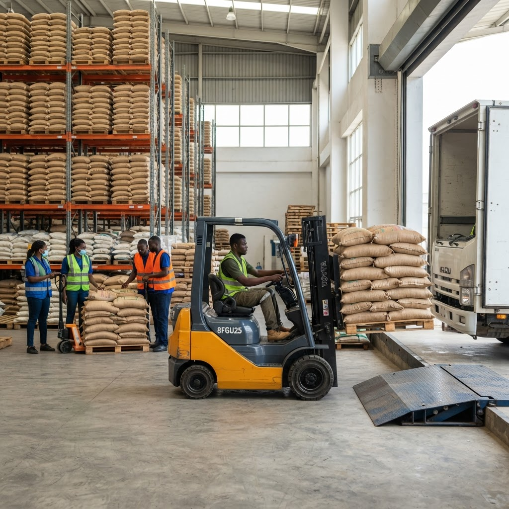 Black African forklift operator and logistics team loading palletized rice sacks into a delivery truck in Nigeria