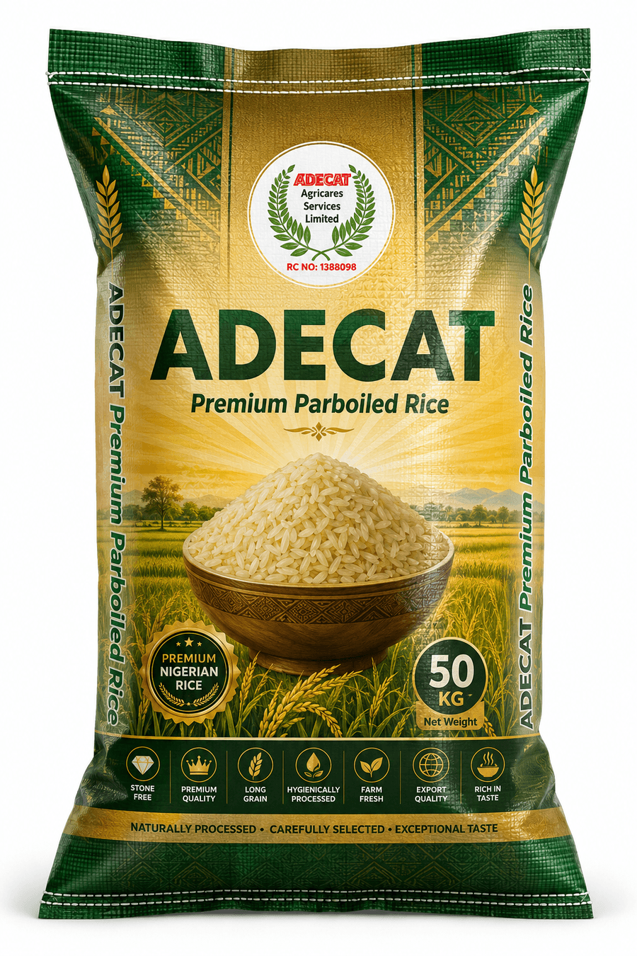 Official ADECAT Premium Parboiled Rice 50 KG bag with green and gold branding and a bowl of parboiled rice